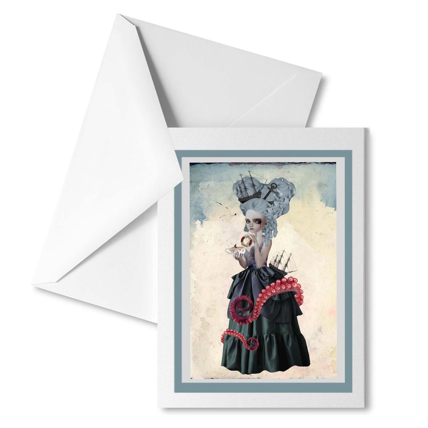 Amphitrite Greeting Card. Featuring Madame Amphitrite, Watch as tentacles entwine around her, holding a delicate teacup while a shark fin circles her tea.