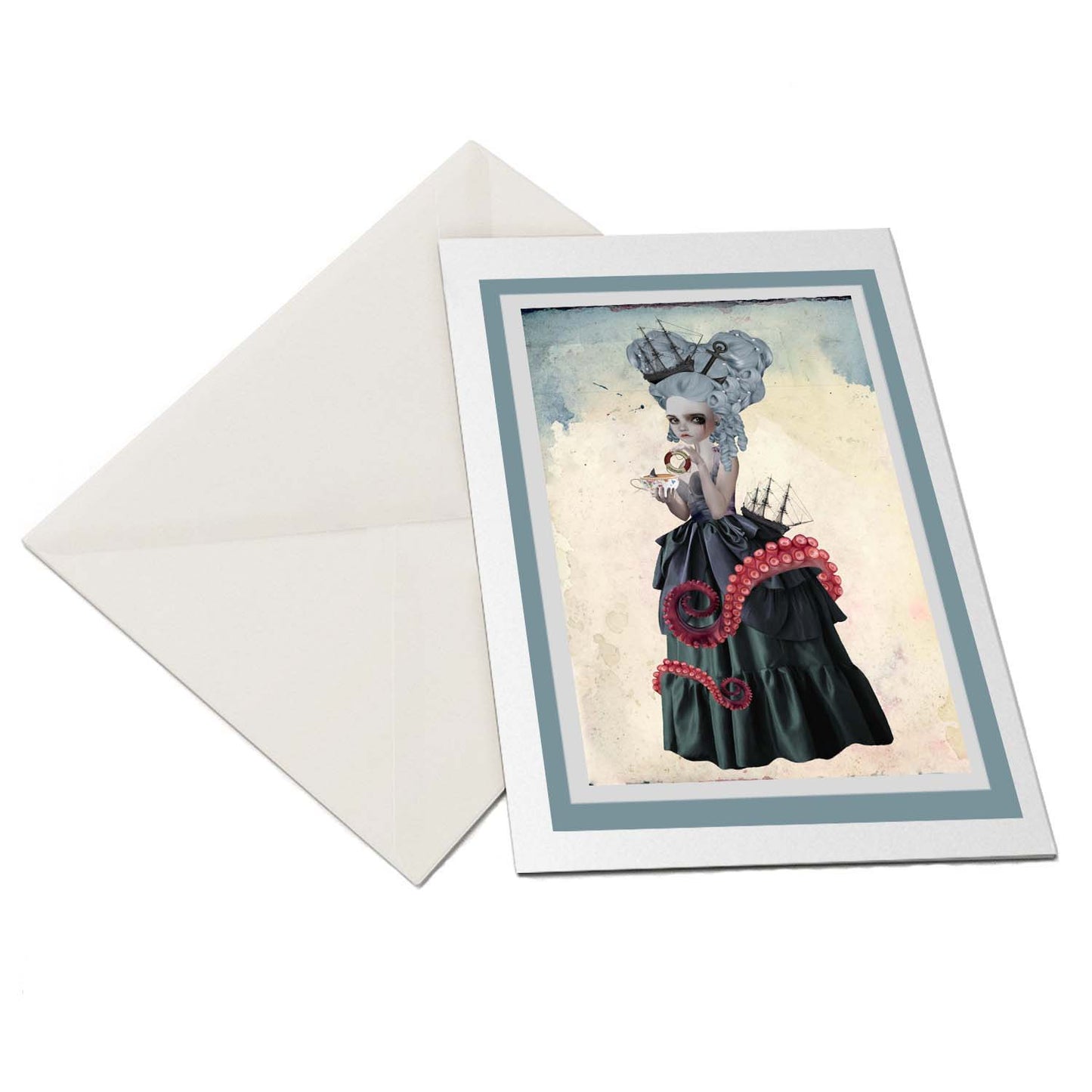 Greek Mythology Greeting Card. Featuring Madame Amphitrite, Watch as tentacles entwine around her, holding a delicate teacup while a shark fin circles her tea.