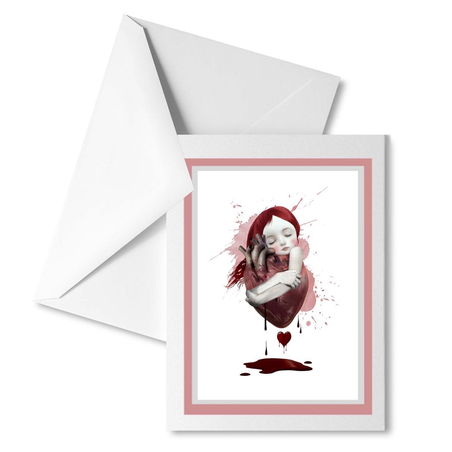 Unique greeting card features a whimsical yet striking illustration of a girl embracing an oversized, anatomically detailed blood-red heart.