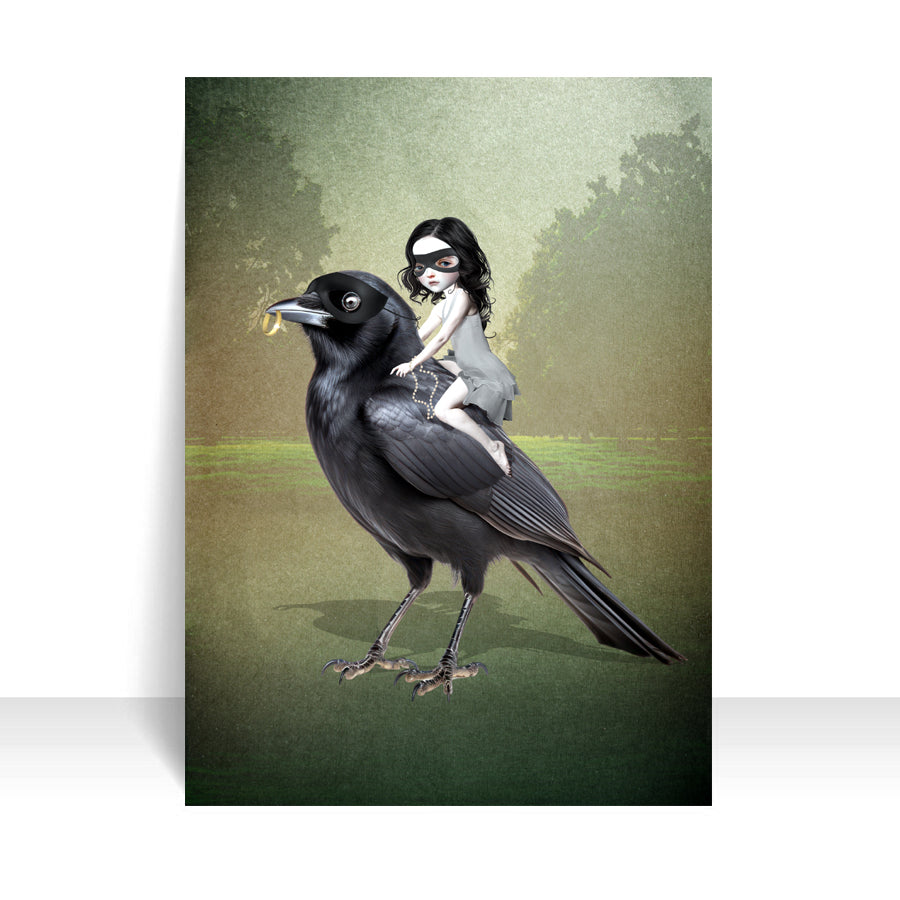 This artist trading card showcases a bandit-masked girl riding on the back of an oversized blackbird, complete with a bounty of stolen items.