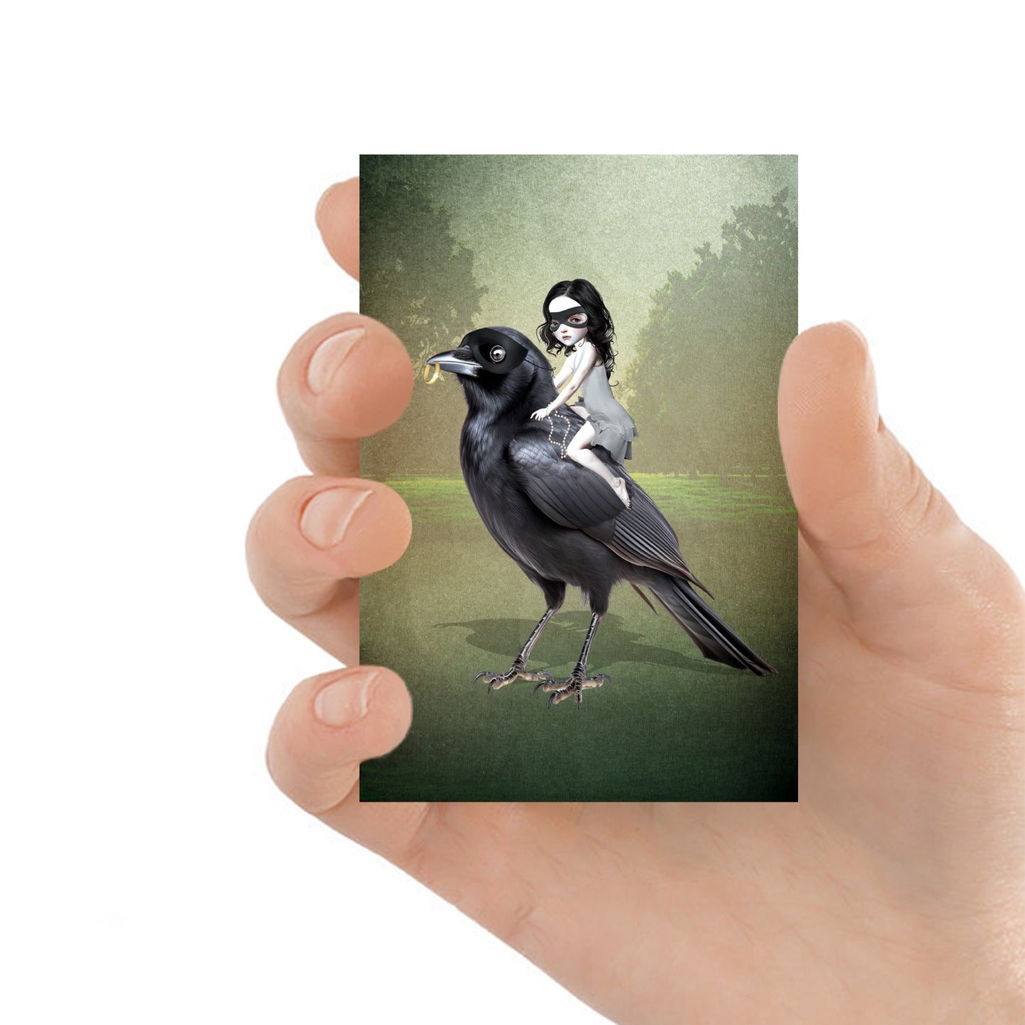 This ACEO showcases a bandit-masked girl riding on the back of an oversized blackbird, complete with a bounty of stolen items.