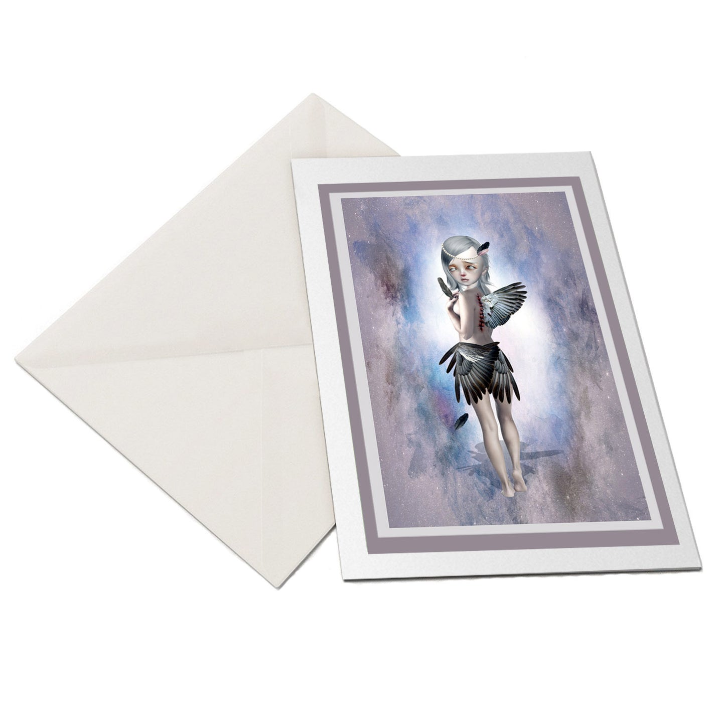 The flat-lay of the broken angel greeting card and matching envelope is ideal for any occasion.