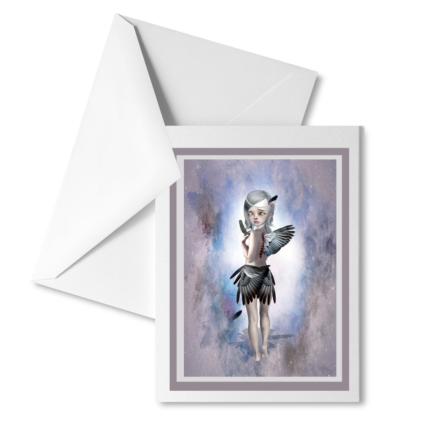 Broken angel greeting card with white envelope, perfect for sending a dark, whimsical message.