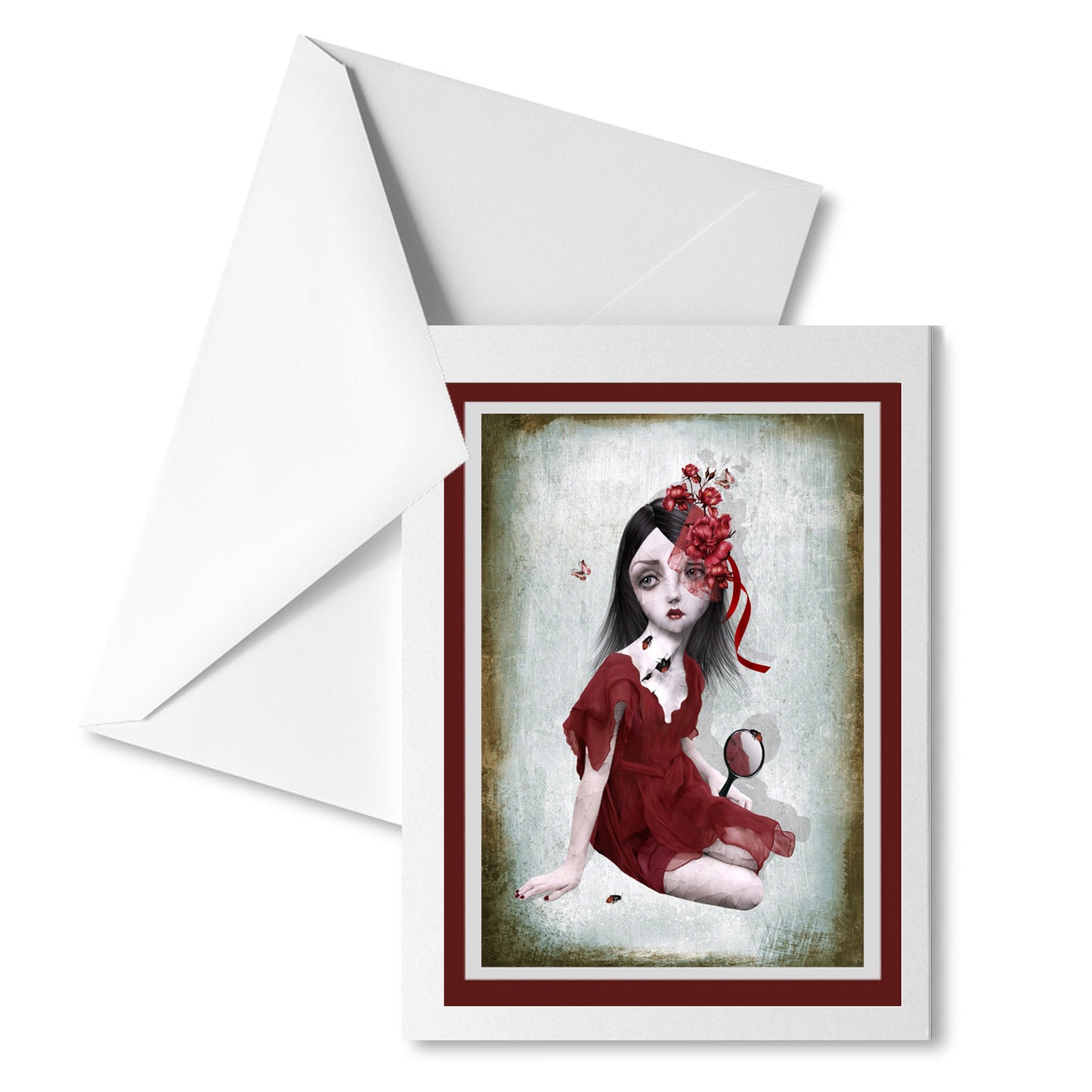 Surreal Bug Girl Art Greeting Card features a sad girl with cracked porcelain skin holding a hand mirror, with bugs crawling out from within the cracks.