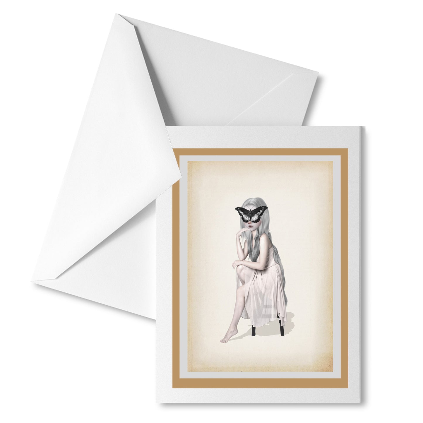 Surreal greeting card featuring a girl sitting quietly with a giant butterfly gently covering her face.
