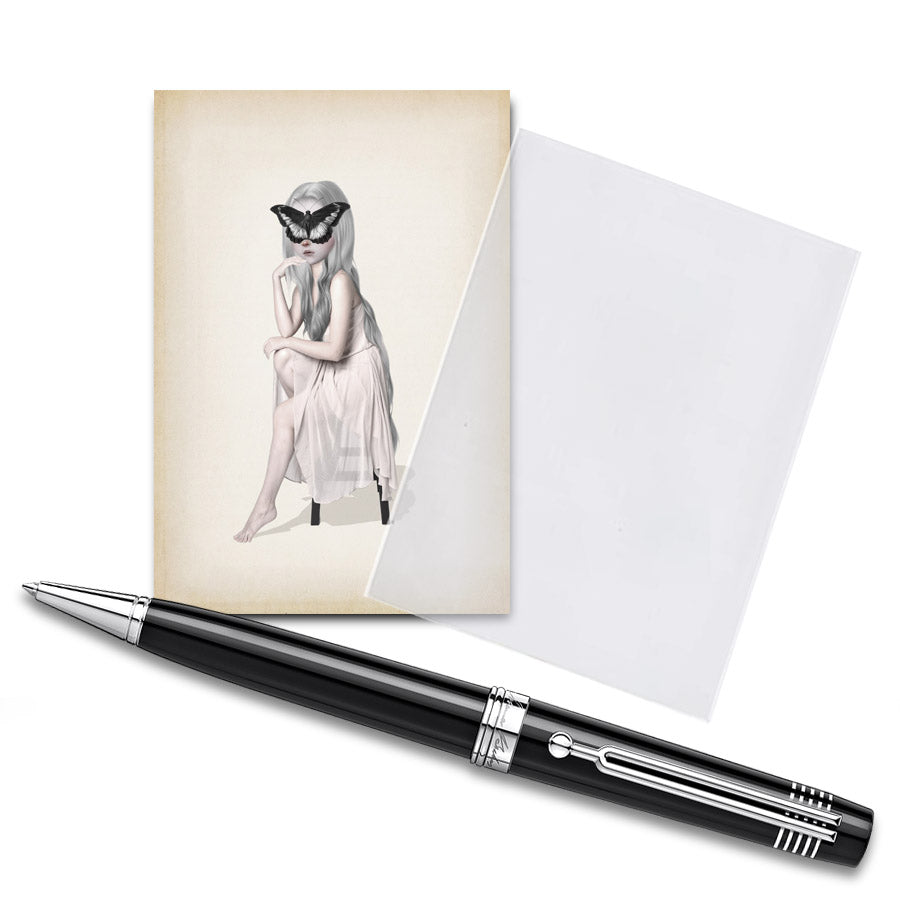 ACEO Artist Trading Card and plastic sleeve. Featuring a girl sitting with an oversized butterfly covering her face,