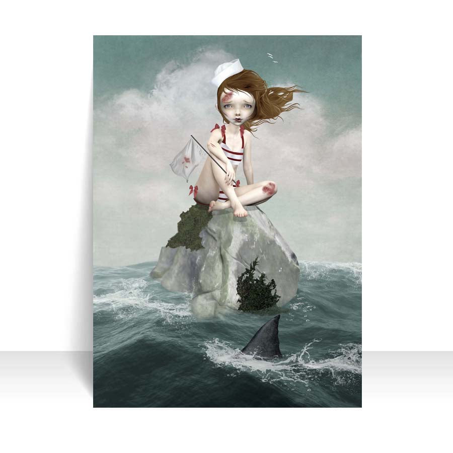 Close-up of girl in shark infested waters ACEO art card against a white background, highlighting its intricate nautical details.