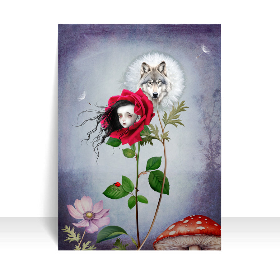 Close-up of Red Riding Hood & Wolf, ACEO art card against a white background, highlighting its intricate floral details.