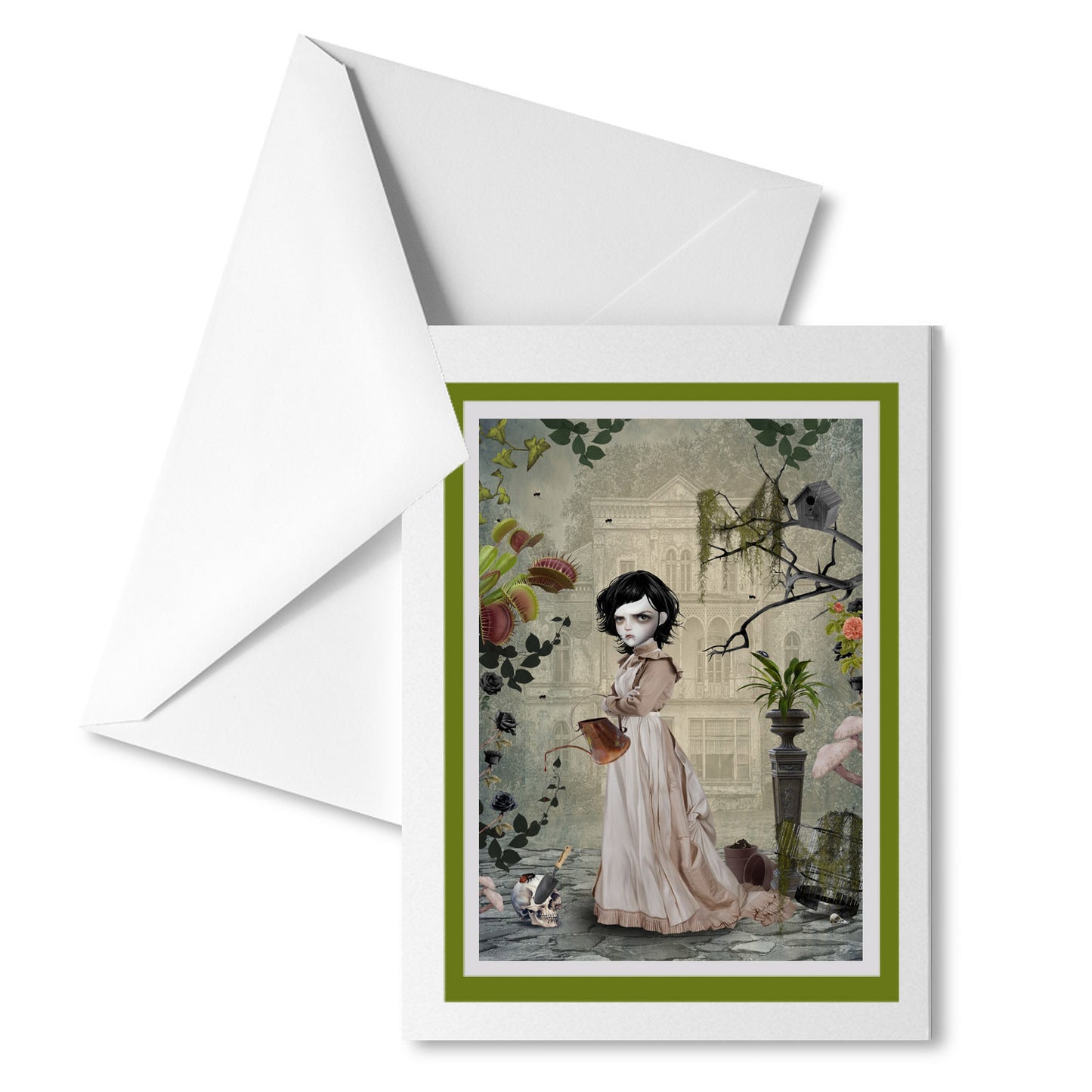 Gothic art greeting card featuring "Contrary Mary" is perfect for framing. Mary's garden is filled with unique elements such as skulls, Venus fly traps, and thorny black roses.