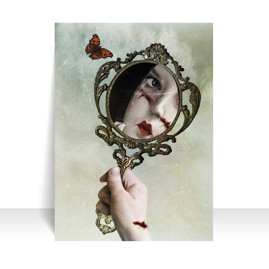 Close-up of face in mirror ACEO art card against a white background, highlighting its intricate lowbrow details.