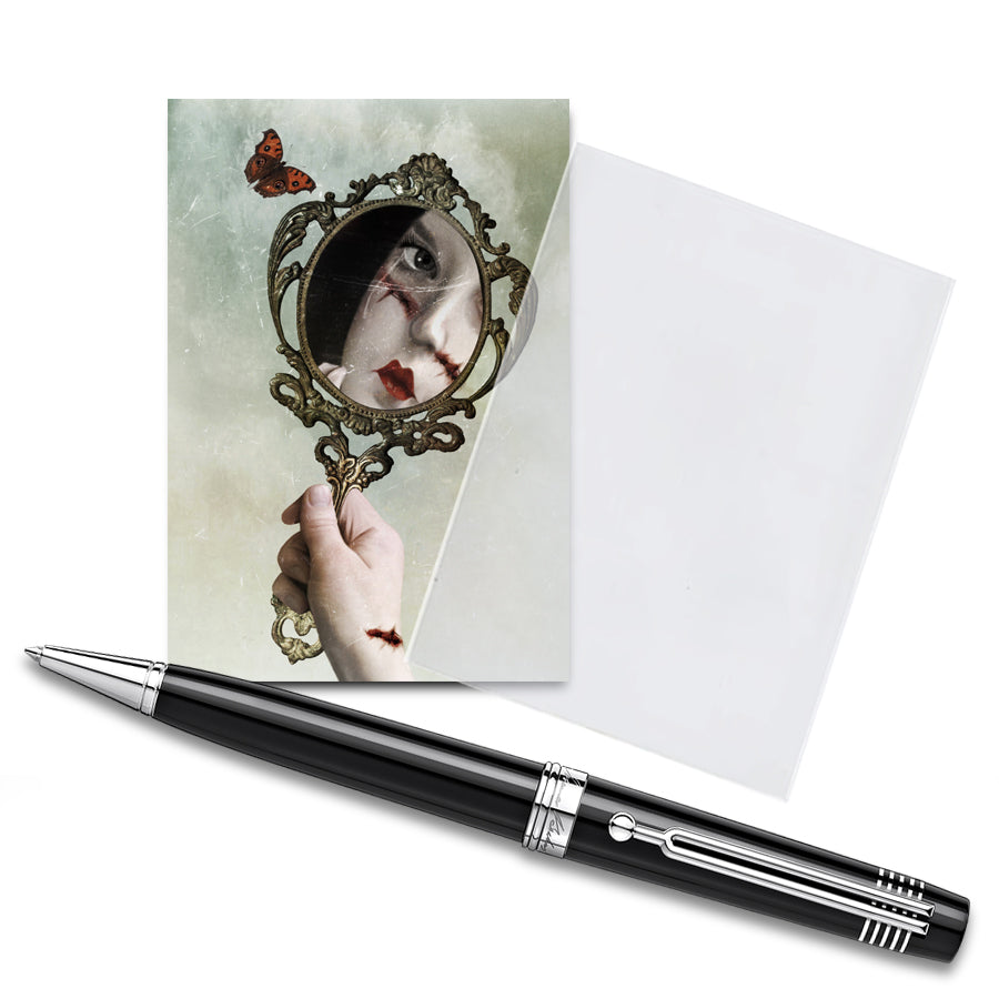 The Lowbrow ACEO card features a girls face in mirror, displayed in a clear protective sleeve with a pen for size comparison. It showcases eerie artwork.