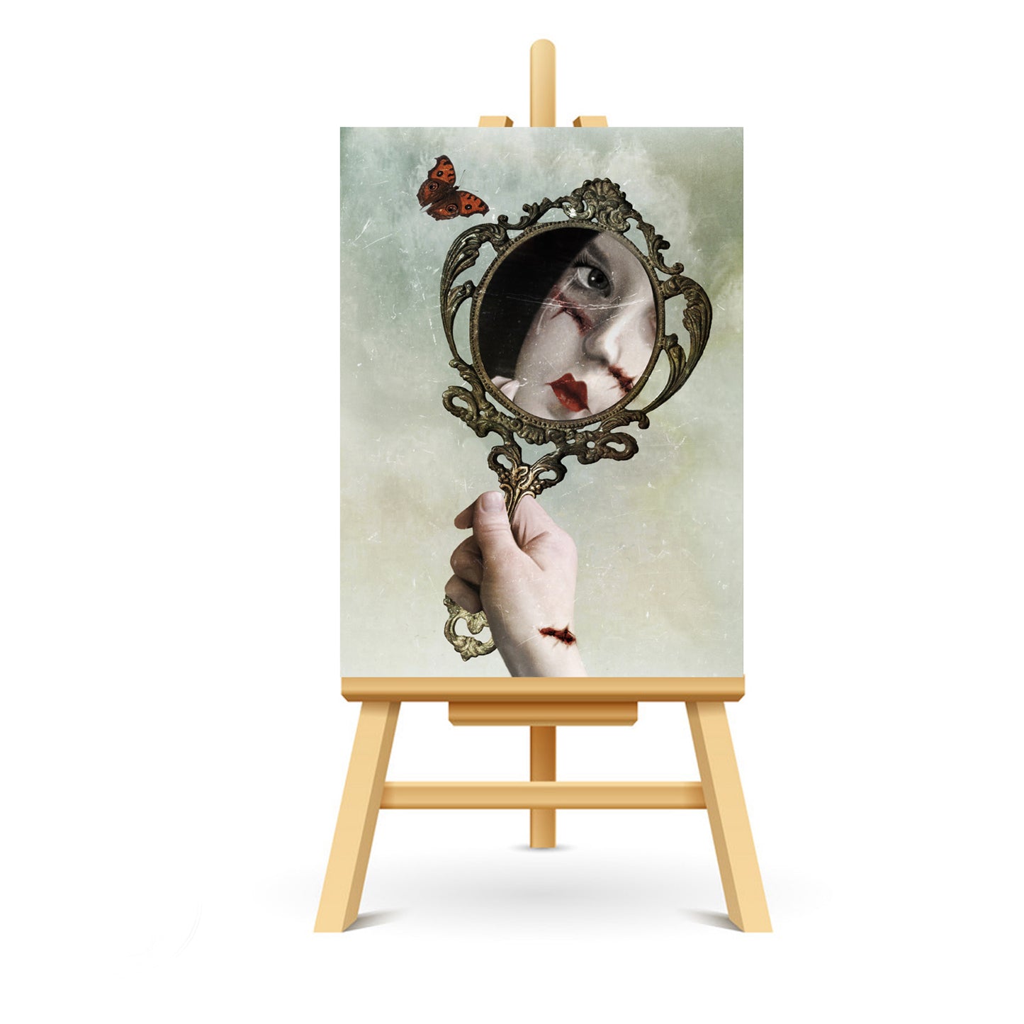 Face reflection in mirror ACEO art displayed on a stand. lowbrow miniature art print showcasing eerie style.