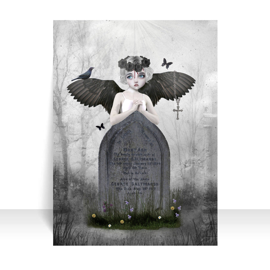 Gothic ACEO showcases a melancholic fallen angel, symbolizing loss and longing. Capturing the mood of the figure as she leans on a grave in a cemetery,
