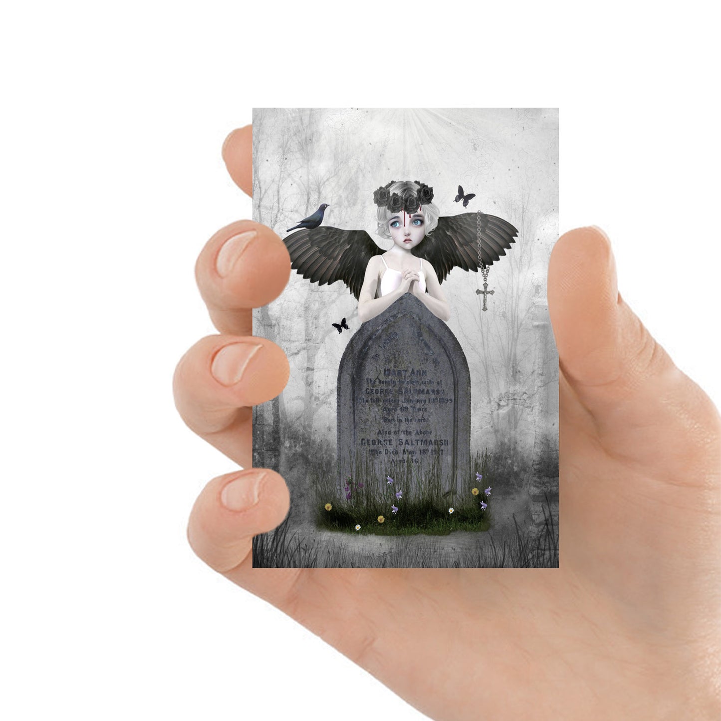 ACEO artist trading card, image is a melancholic fallen angel, symbolizing loss and longing. Capturing the mood of the figure as she leans on a grave in a cemetery,