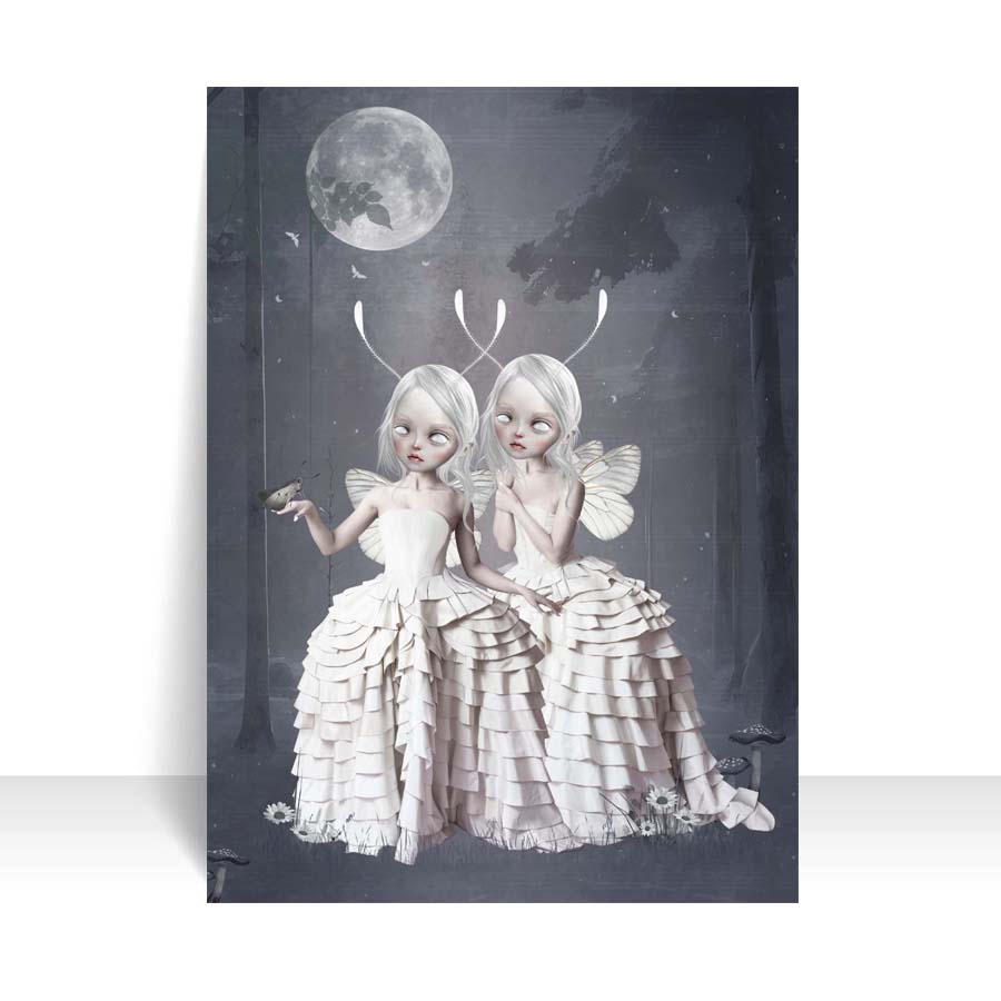 ACEO artist trading card, depicting two moth sisters in an enchanted forest beneath the moonlight encountering a Moth. and are in awe at its beauty.