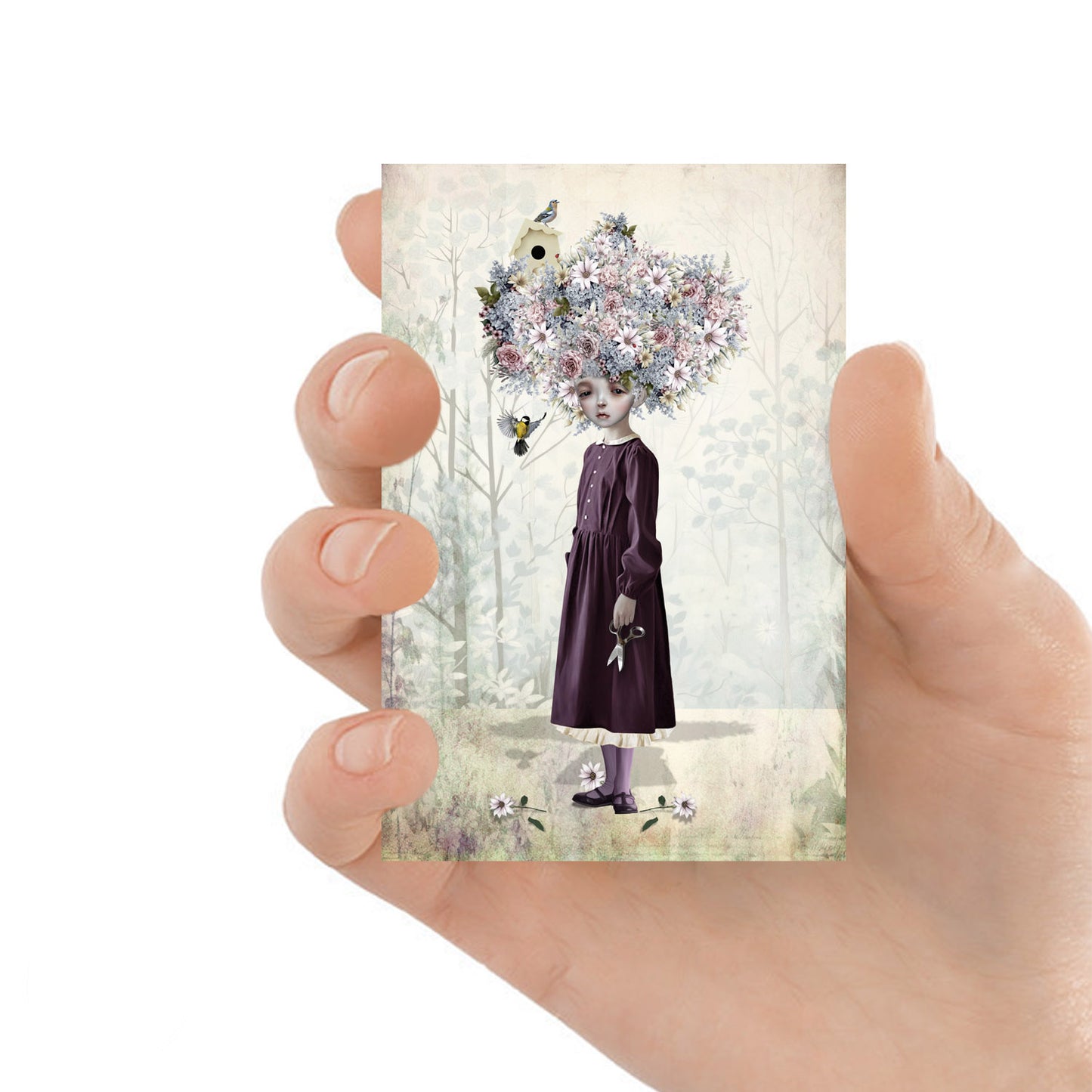 Surreal miniature artwork featuring a young girl with flowers blooming from her scalp instead of hair.