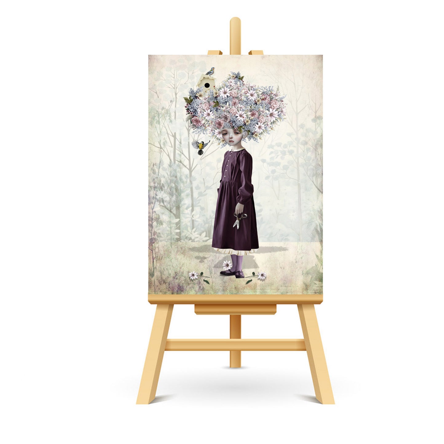 Flower girl ACEO, a surreal miniature artwork featuring a young girl with flowers blooming from her scalp instead of hair.