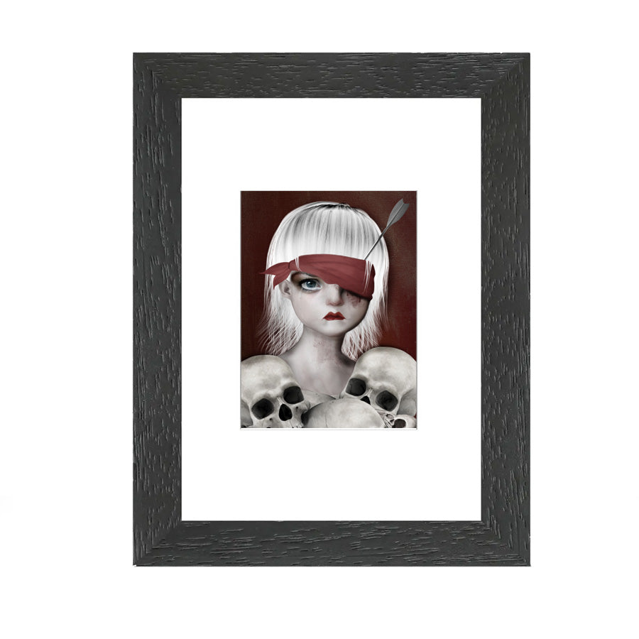 Memento Mori card featuring "Lucky", a girl who signifies the transient nature of life with a bloodied blindfold and an eye pierced with an arrow. Surrounded by human skulls,