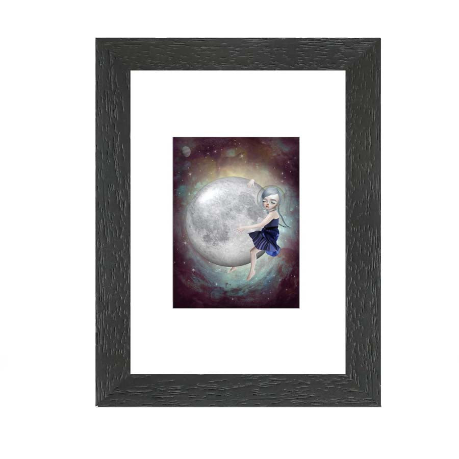 ACEO artist trading card in a frame display features a girl embracing the moon in outer space.