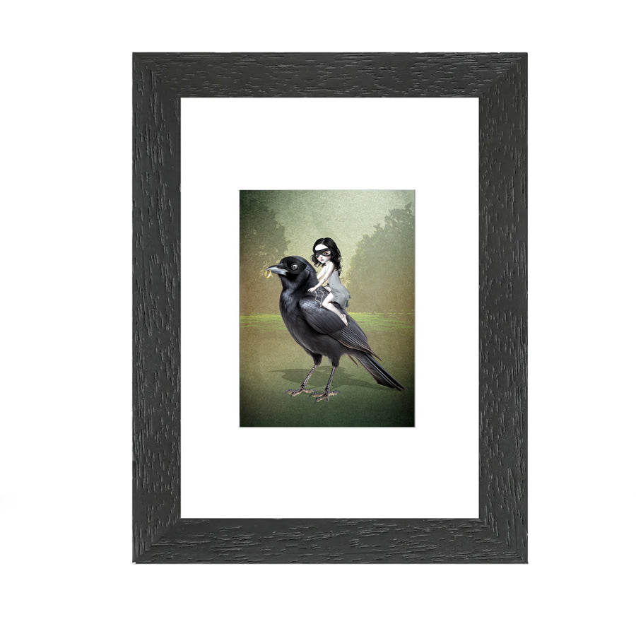 This framed ACEO showcases a bandit-masked girl riding on the back of an oversized blackbird, complete with a bounty of stolen items.
