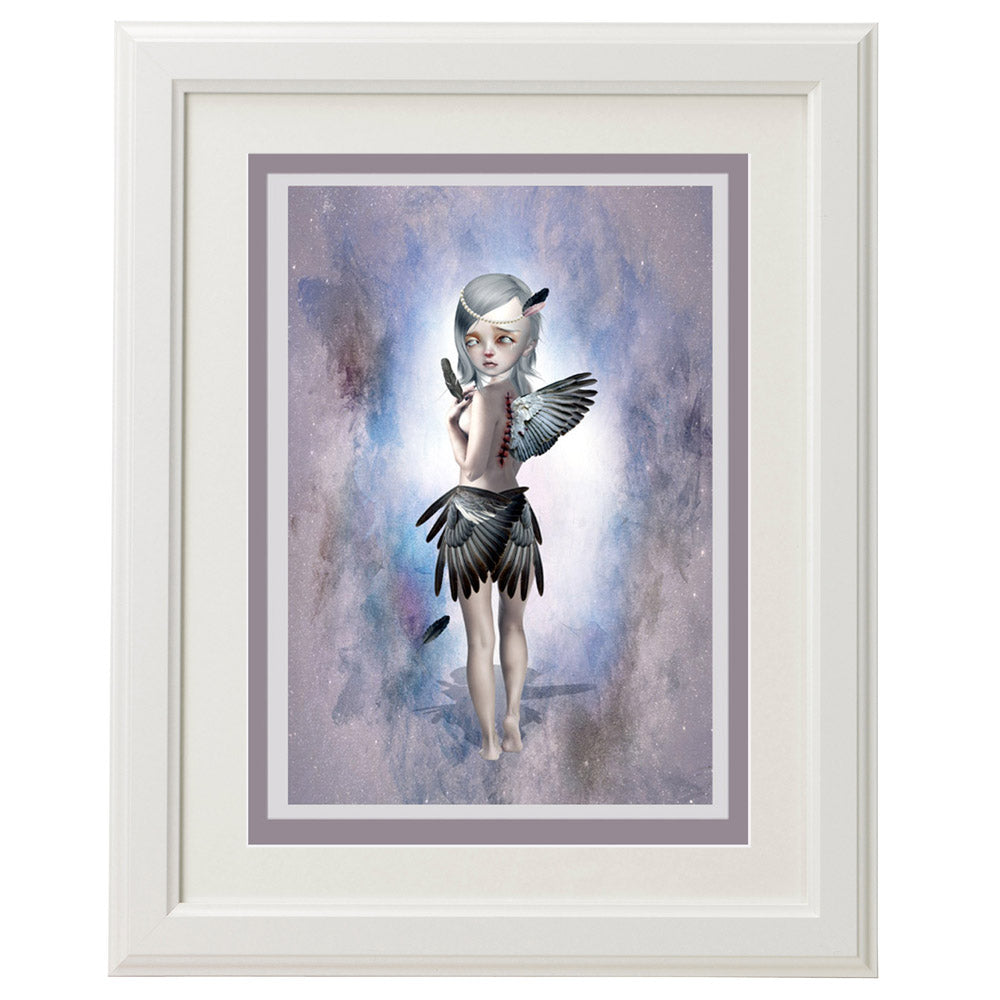 Framed Broken angel card – a unique, dark art piece for home décor.