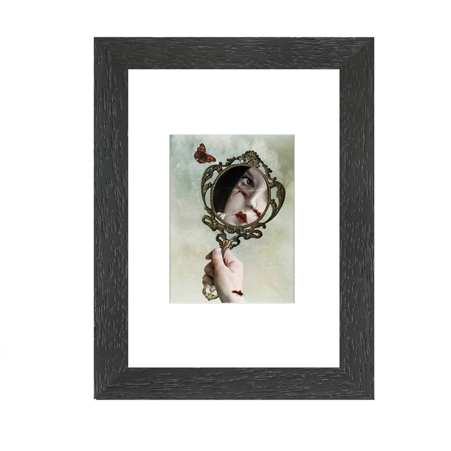 Framed ACEO print of face in mirror, featuring lowbrow artwork perfect for home decor or art collectors.