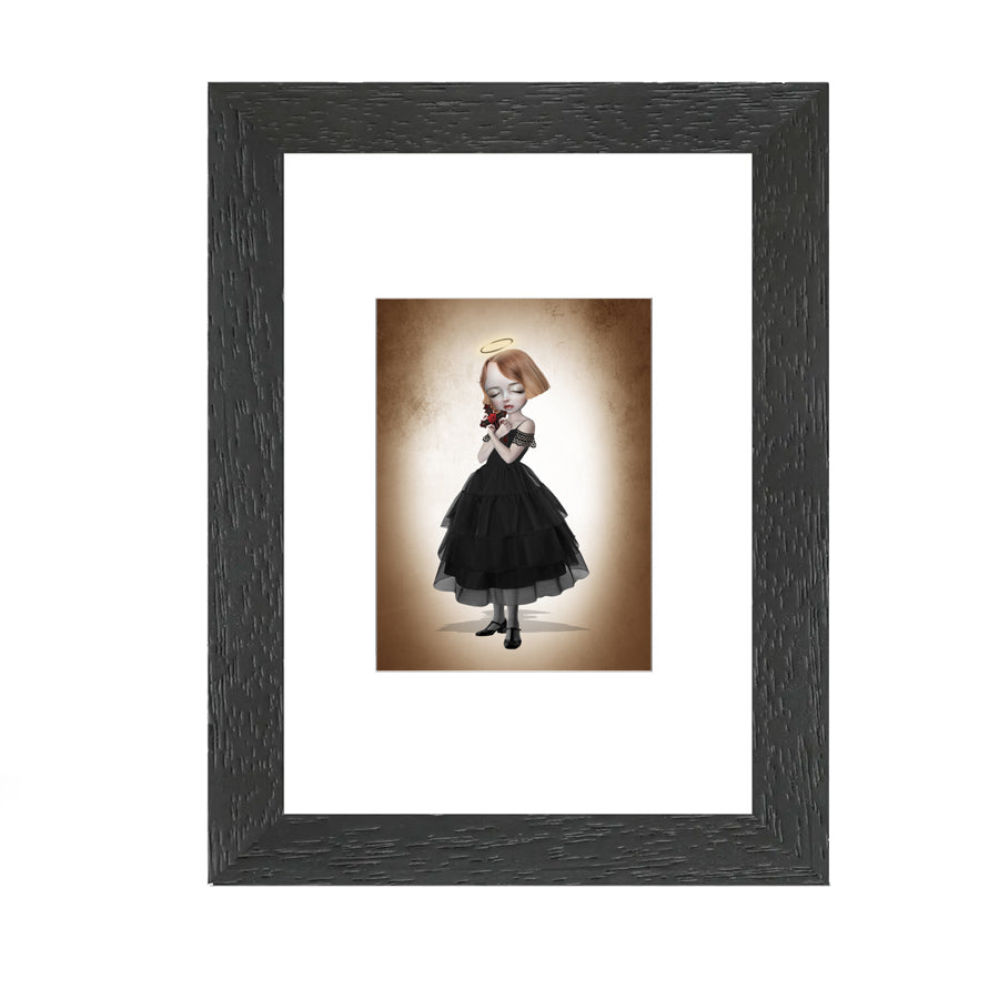 Framed ACEO print of girl with a crucifix, featuring spiritual artwork perfect for home decor or art collectors.