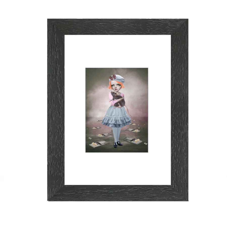Framed ACEO print of girl and rat, featuring pop surrealism artwork perfect for home decor or art collectors.