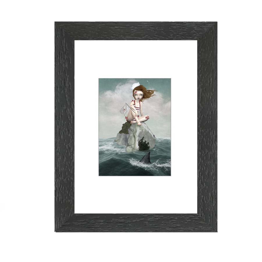 Framed ACEO print of girl surrounded in shark infested waters, featuring pop surrealism artwork perfect for home decor or art collectors.