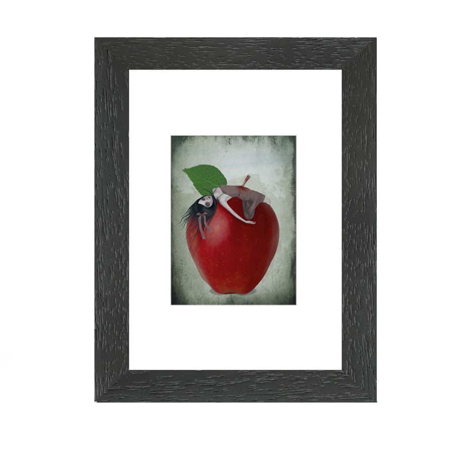 Creepy cute ACEO Artist Trading Card. Displaying a gothic fairy tale scene, this miniature art print depicts a girl impaled on the stalk of an oversized red apple.