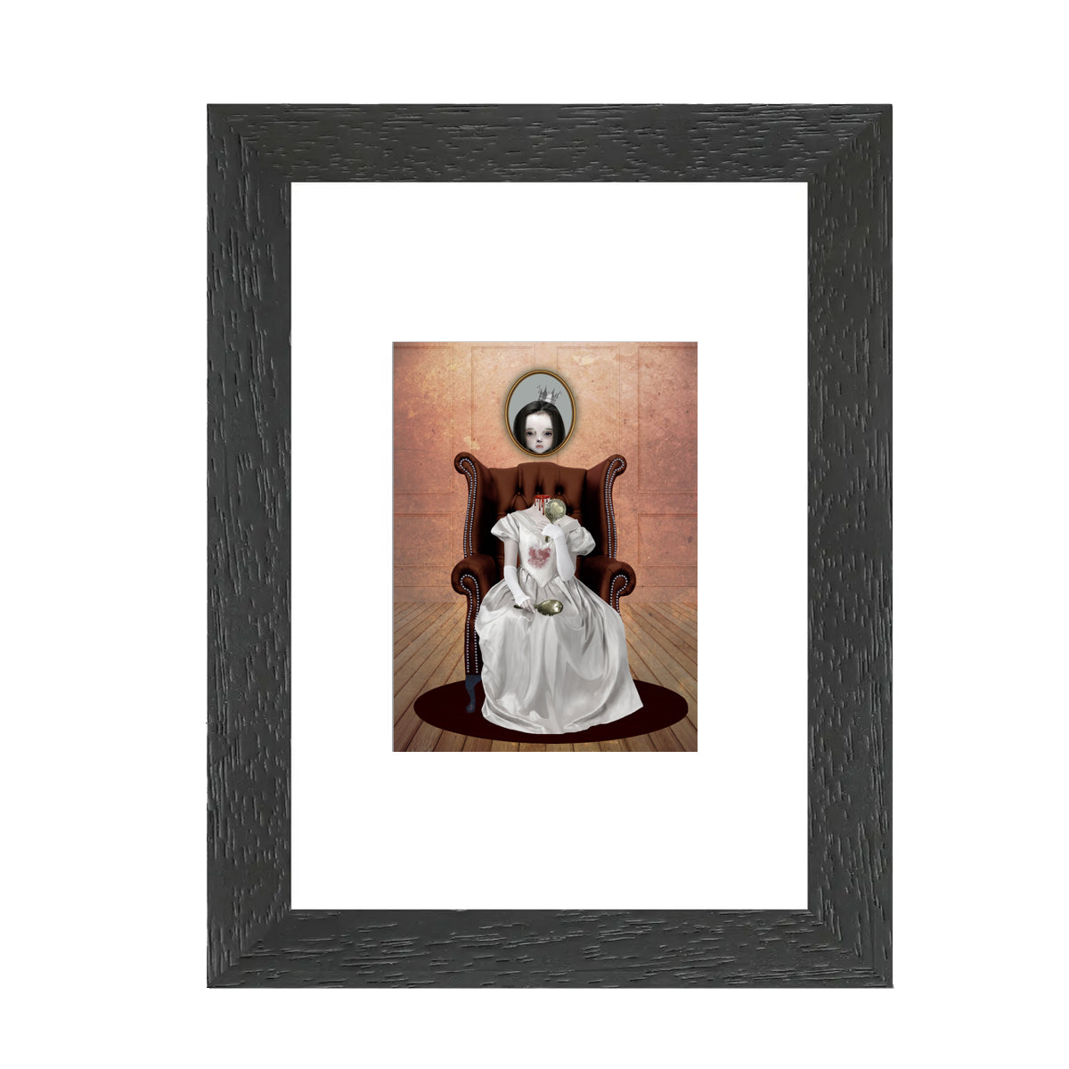 Framed Macabre ACEO of a headless girl seated in a chair. Holding a hand mirror, a mirror on the wall behind her reflects her head within it.