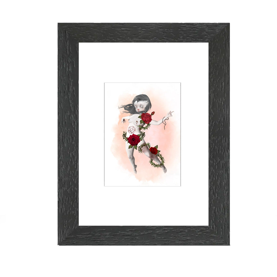Framed ACEO print of possessed girl, featuring creepy cute gothic artwork perfect for home decor or art collectors.