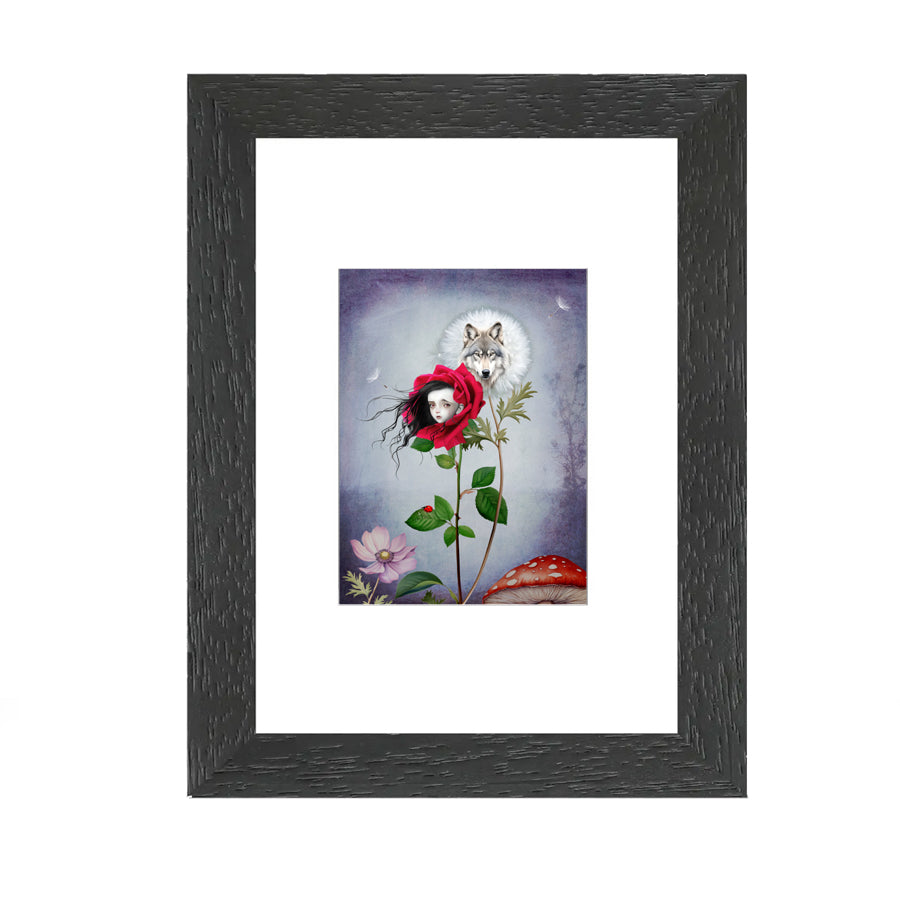Framed ACEO print of Red Riding Hood & wolf , featuring floral fairytale artwork perfect for home decor or art collectors.