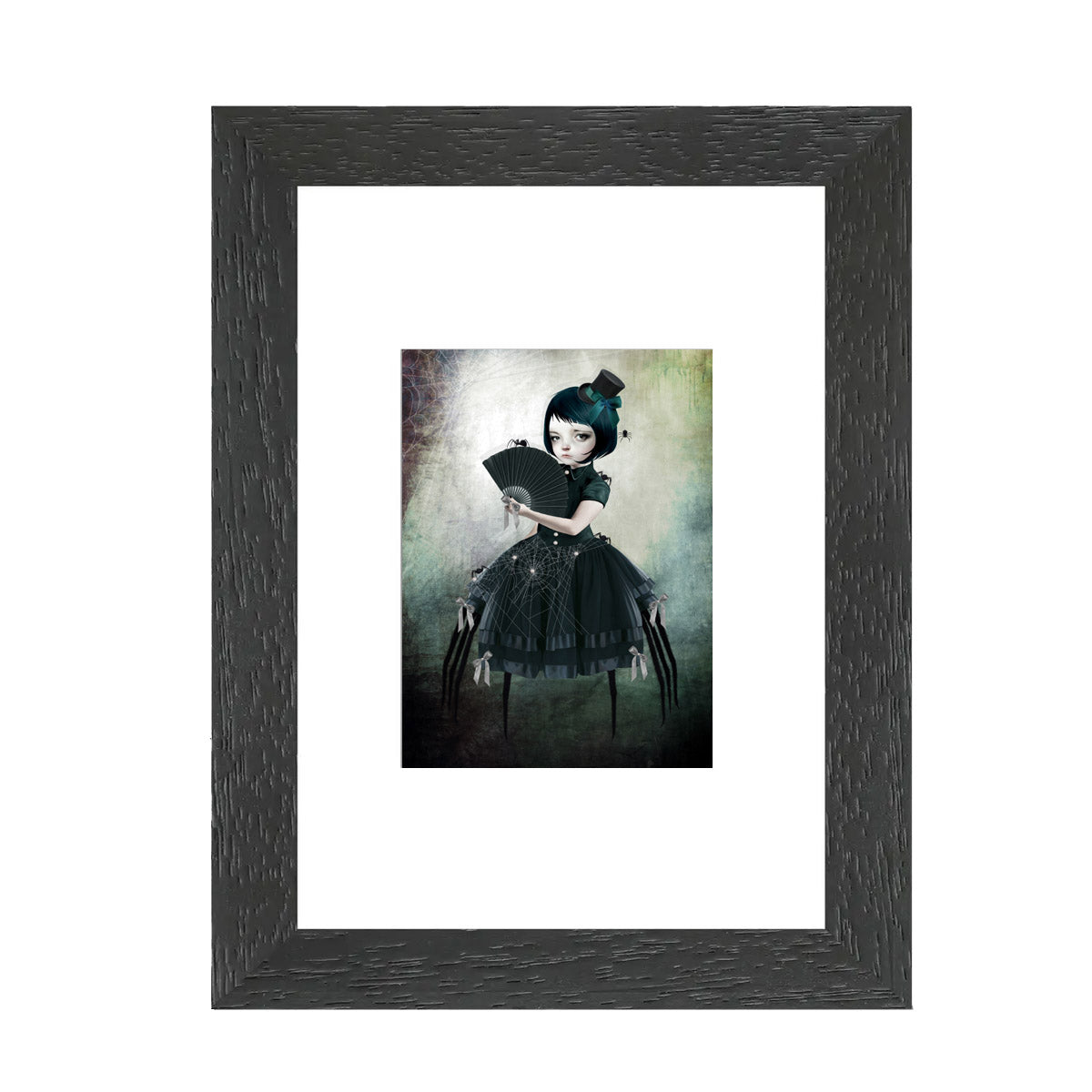 ACEO art Card features a Creepy Cute Spider Girl, showcasing her arachnid lower half and surrounded by spiders,