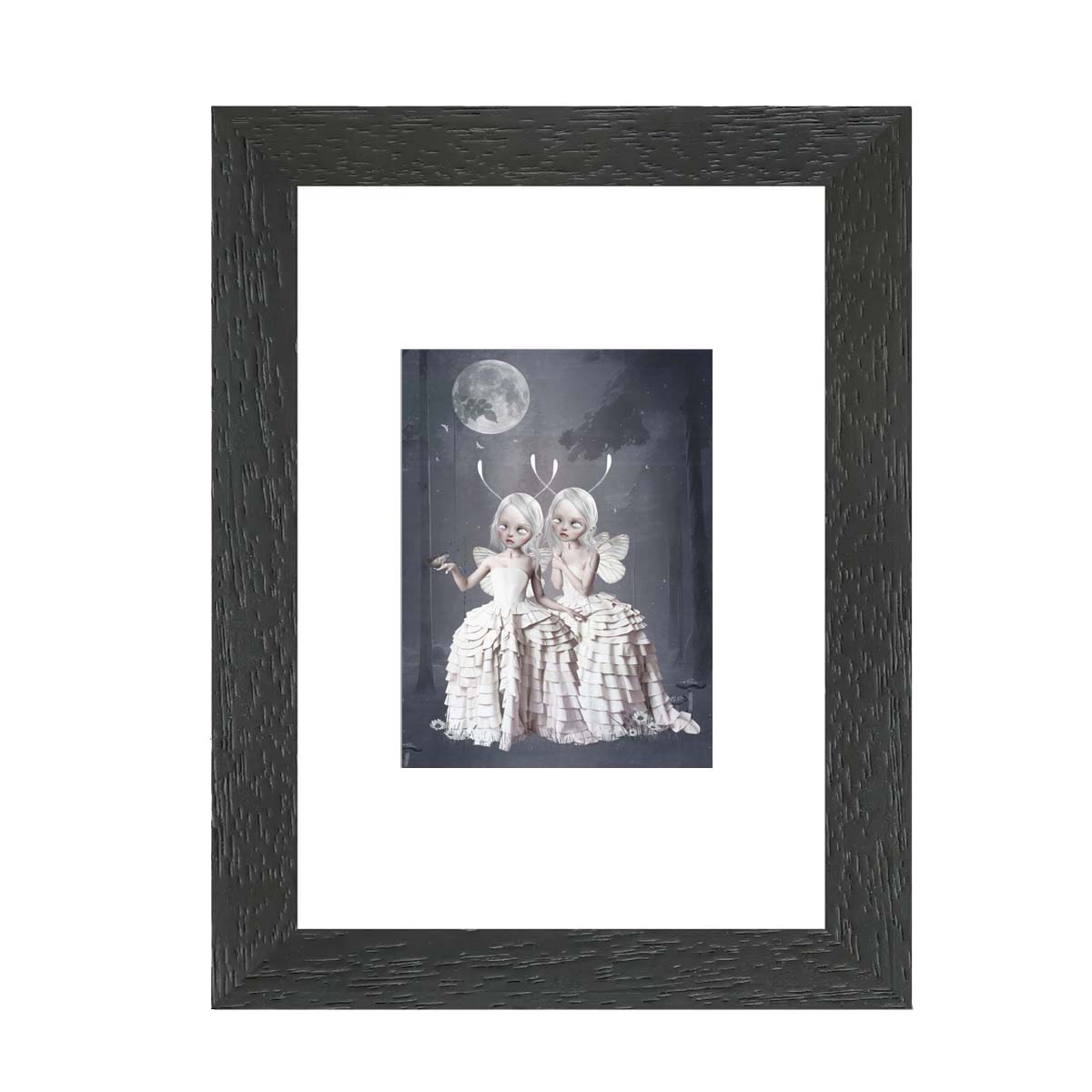 Enchanting ACEO, depicting two moth sisters in an enchanted forest beneath the moonlight encountering a Moth. and are in awe at its beauty.
