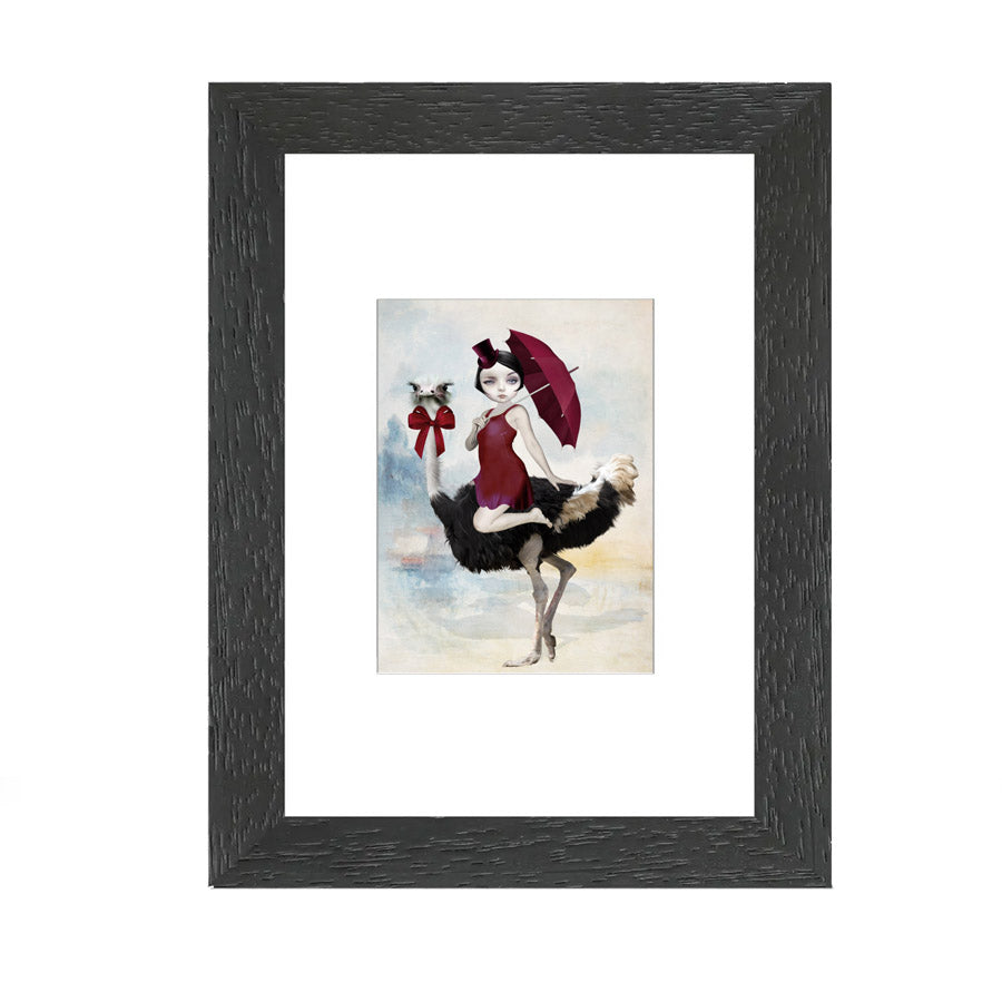 ACEO print features a whimsical scene of a lady riding on the back of an ostrich.