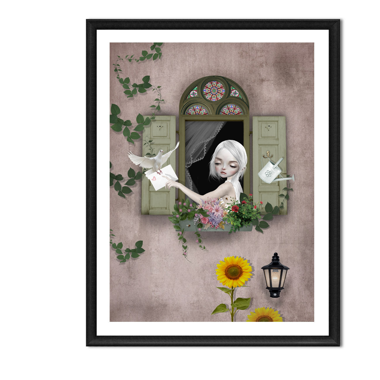Summer art print in a frame on white background.