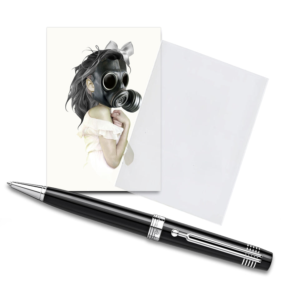 Apocalyptic ACEO Artist Trading Card. With a portrait of a girl wearing a gas mask,
