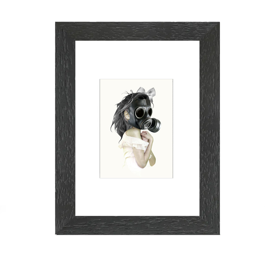 Artist Trading Card. With a portrait of a girl wearing a gas mask.