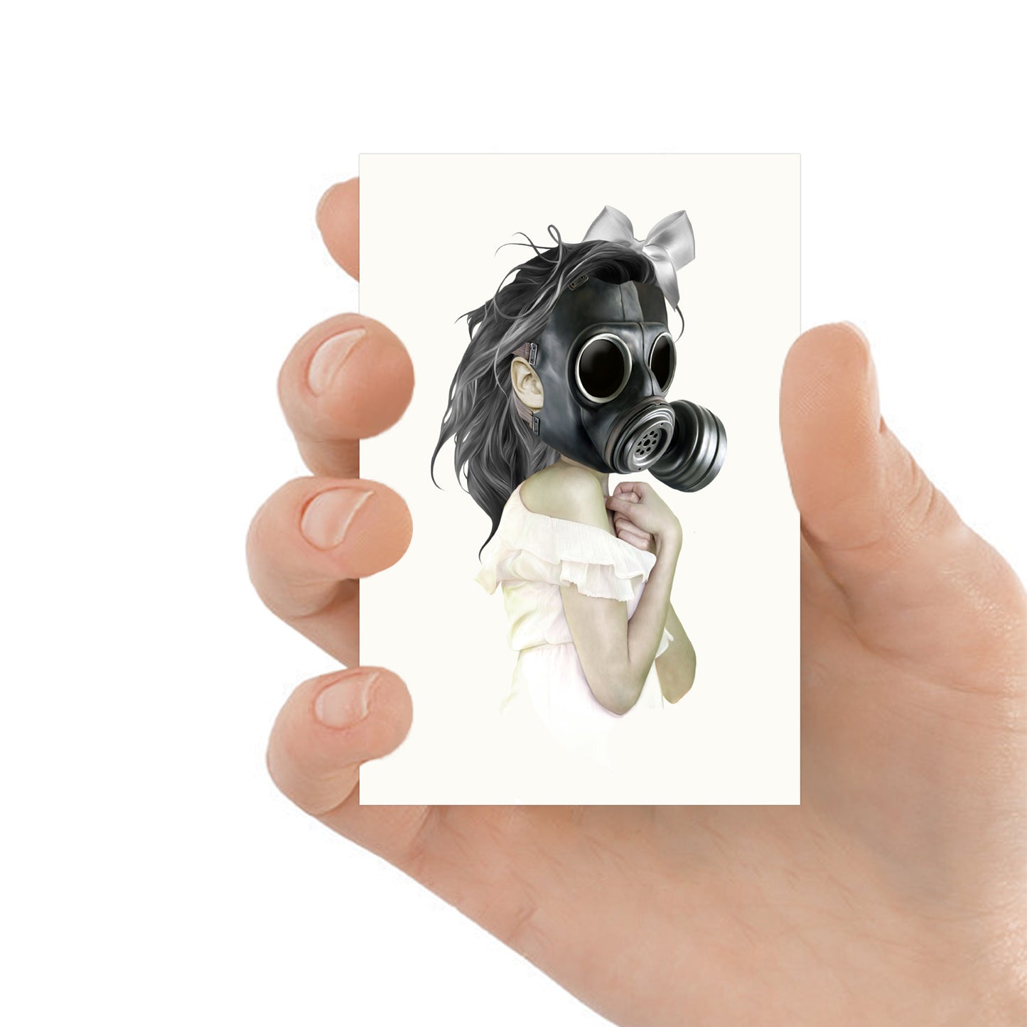 Apocalyptic ACEO Card. With a portrait of a girl wearing a gas mask.