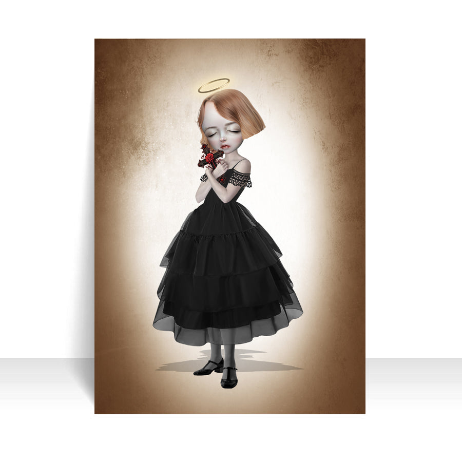 Close-up of girl with a crucifix ACEO art card against a white background, highlighting its intricate spiritual details.