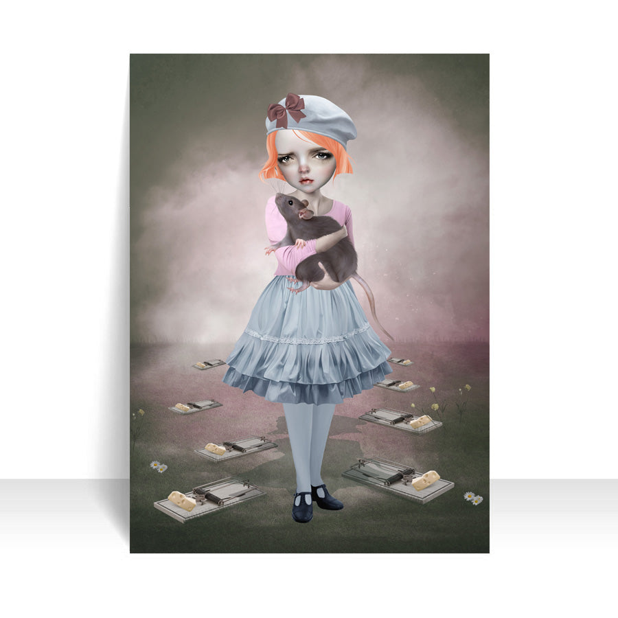 Close-up of Girl and rat ACEO art card against a white background, highlighting its intricate surreal details.