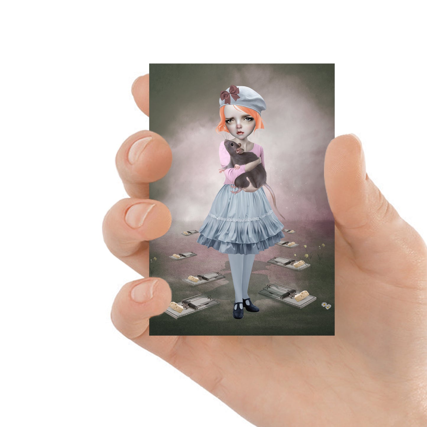 ACEO art card featuring a girl and rat, held in hand—pop surrealism art style with dark, whimsical elements.