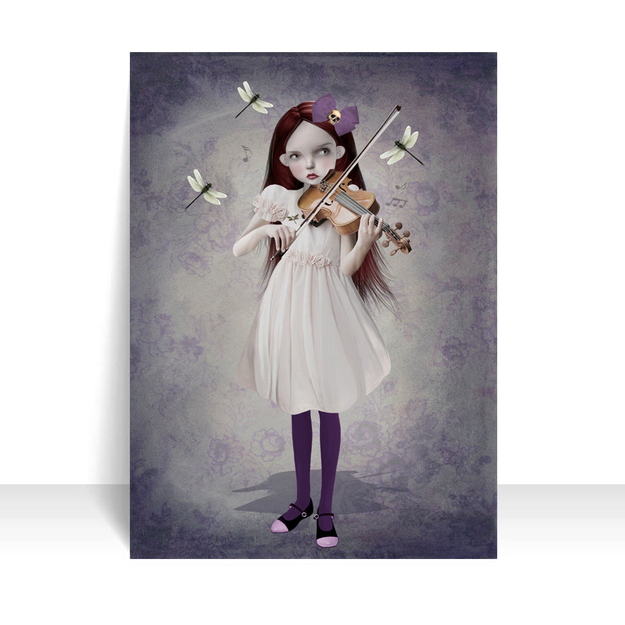 Close-up of Girl playing violin surrounded by dragonflies ACEO art card against a white background, highlighting its intricate whimsical details.