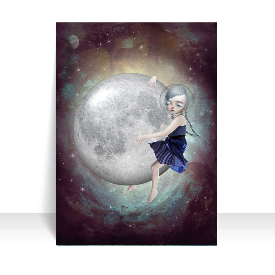 ACEO features a girl embracing the moon in outer space.