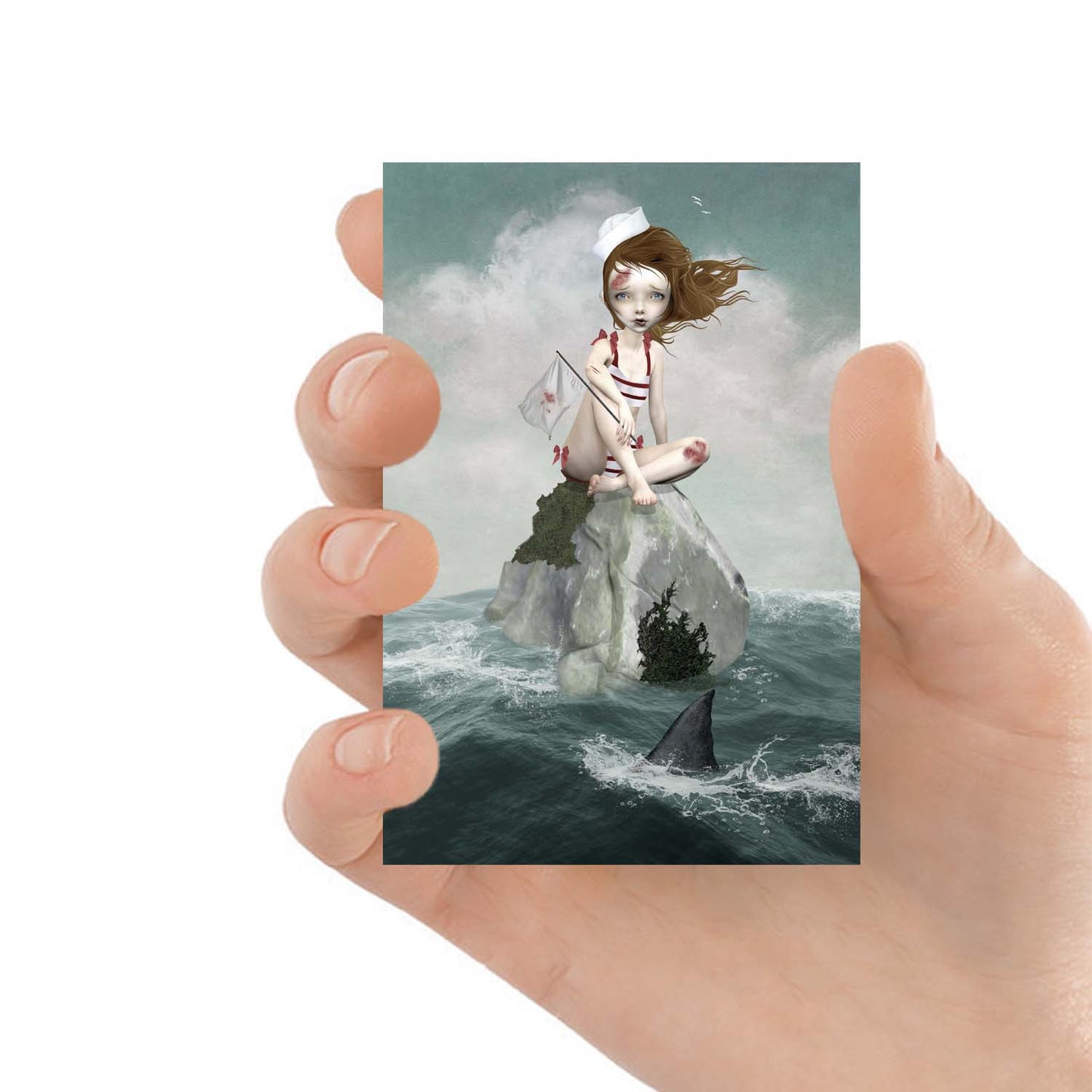 ACEO art card featuring a girl in shark infested waters, held in hand—pop surrealism art style with nautical, whimsical elements.