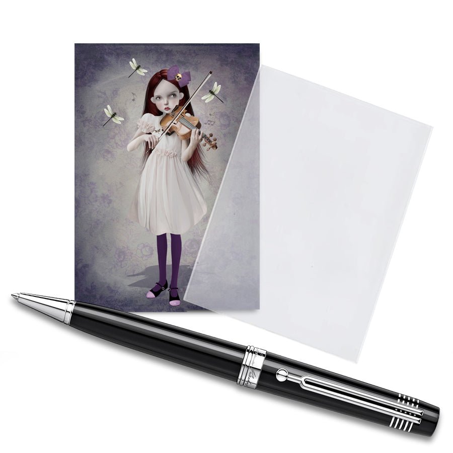 The ACEO card features a girl playing a violin surrounded by dragonflies, displayed in a clear protective sleeve with a pen for size comparison. It showcases whimsical artwork.