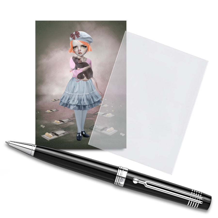 The ACEO card features a girl and rat, displayed in a clear protective sleeve with a pen for size comparison. It showcases cpop surrealism artwork.