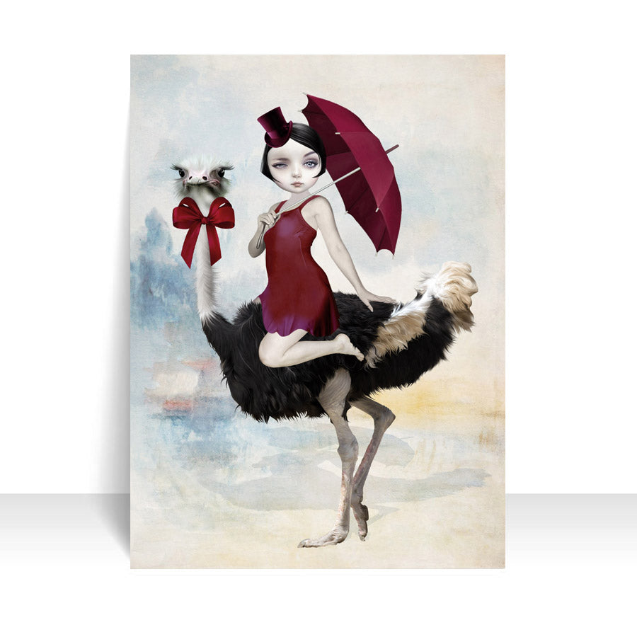 Quirky ACEO features a whimsical scene of a lady riding on the back of an ostrich.