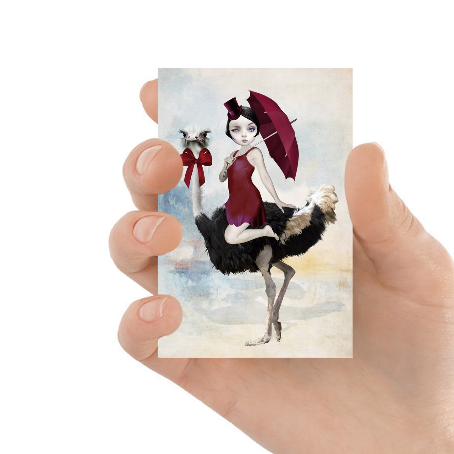 Quirky ACEO artist trading card features a whimsical scene of a lady riding on the back of an ostrich.